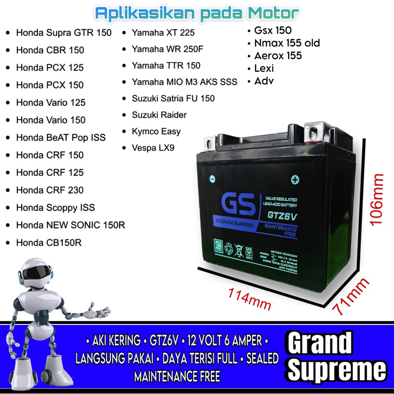 Jual AKI MOTOR SATRIA FU 150 VARIO 125 150 SONIC NMAX GTZ6V 12V 6AH