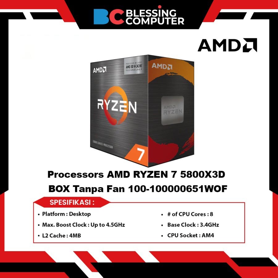 Jual Processors AMD RYZEN 7 5800X3D BOX Tanpa Fan 100 100000651WOF