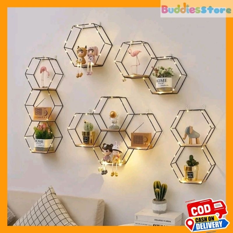 Jual Cod Rak Dinding Hexagonal Satuan Model Besi Kayu Rak Dinding