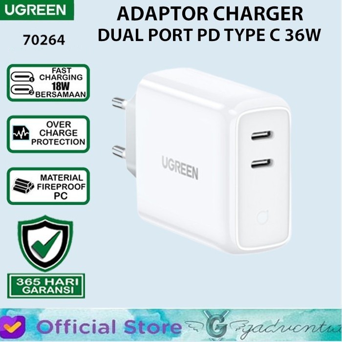 Jual Ugreen Wall Charger Kepala Adaptor Dual Port Usb C Usb Pd Fast