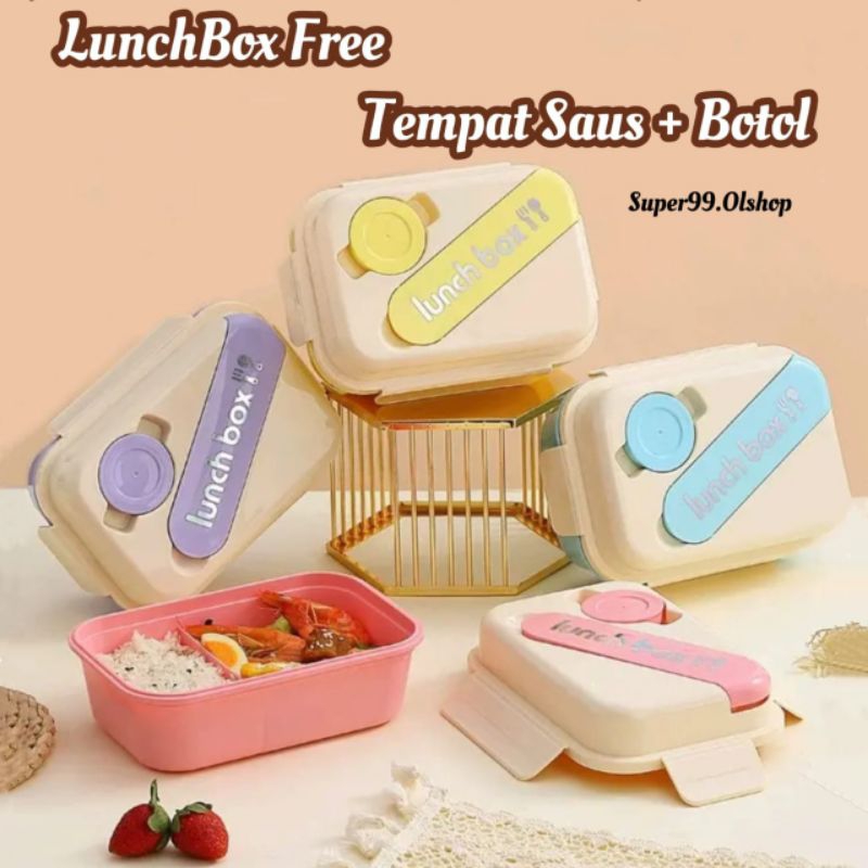 Jual Lunch Box Set Tempat Makan 3 Sekat Free Tempat Saus Sendok Garpu