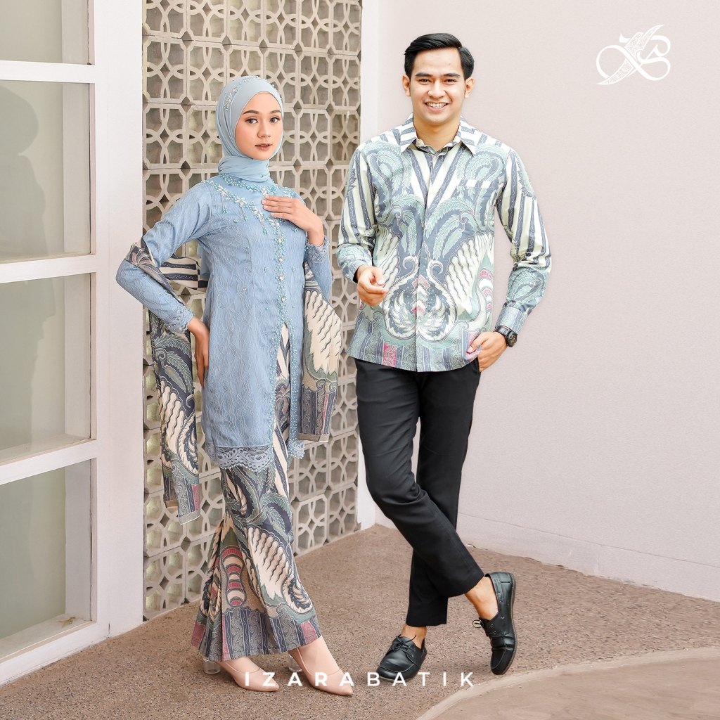 Jual Anggita Sky Blue Setelan Baju Kebaya Batik Modern Couple Wisuda