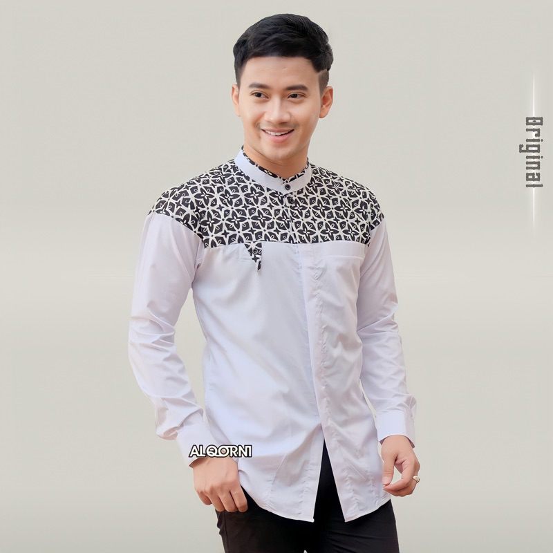 Jual Baju Kemeja Koko Pria Lengan Panjang Kombinasi Batik Klasik Motif