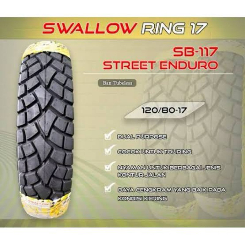 Jual Ban Luar Swallow 120 80 17 Tubeless Street Enduro SB 117 Kembang