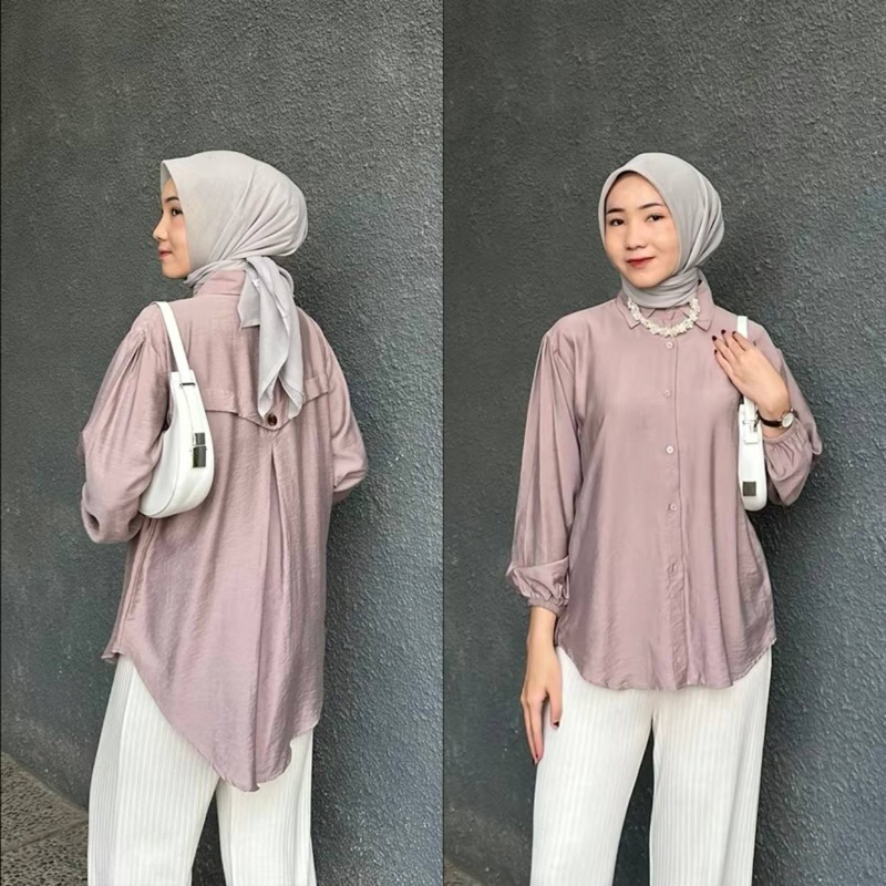 Jual Kemeja Wanita Laura Blouse Polo Linen Premium Atasan Fashion