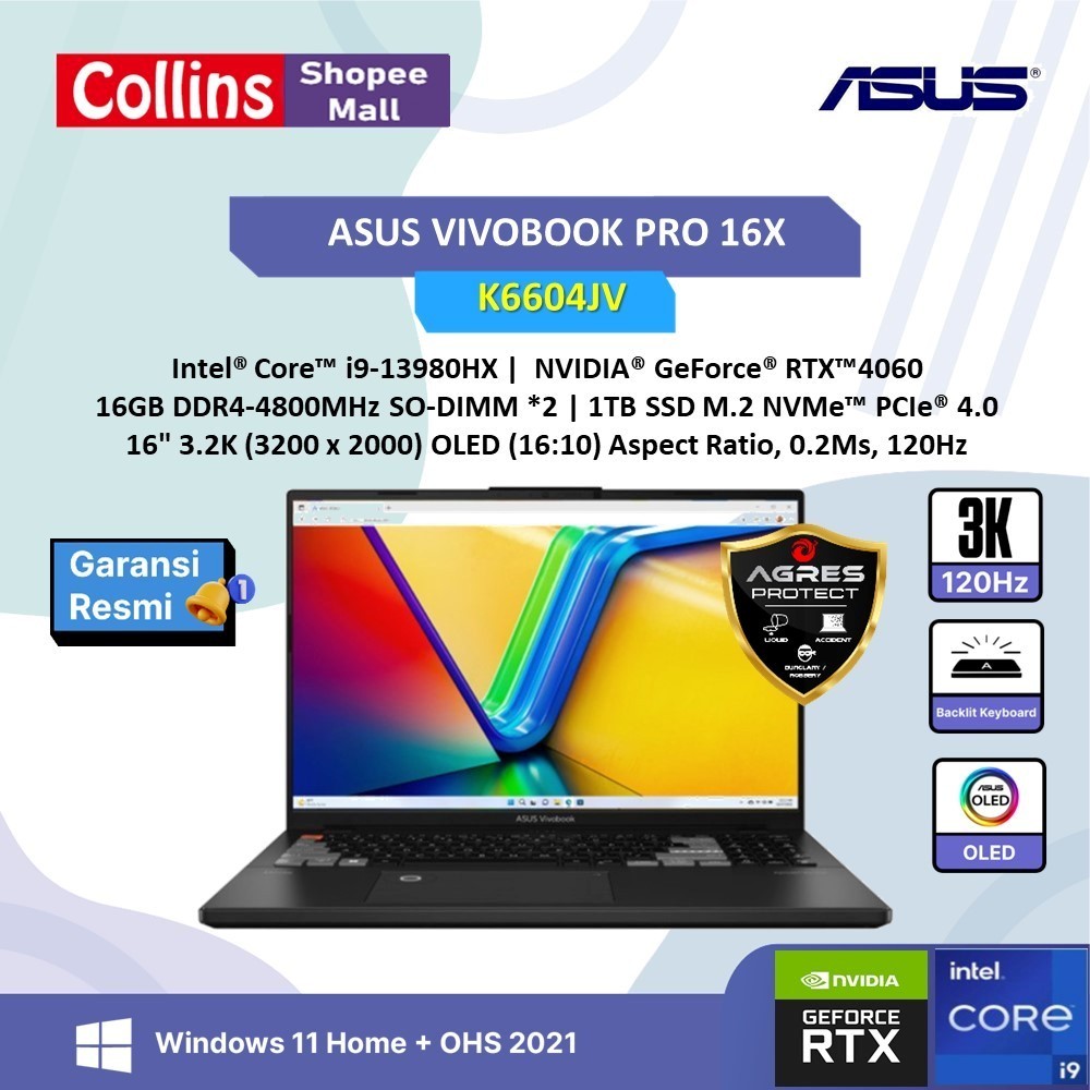 Jual ASUS VIVOBOOK PRO 16X OLED K6604JV I9 13980HX RTX4060 8GB 16GB