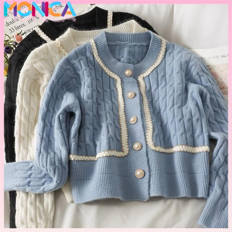 Jual Monica Cardigan Wol Rajut Korean Style Ruffle Rompi Mutiara