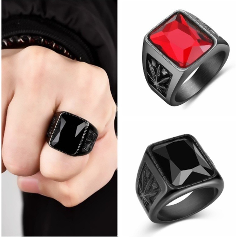 Jual Cincin Pria Titanium Hitam Kotak Batu Merah Hitam Ruby Black Onyx