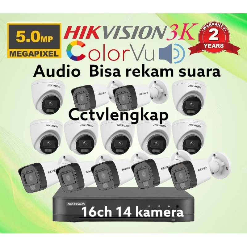 Jual PAKET CCTV HIKVISIO 5MP COLORVU 16 CHANNEL 14 KAMERA AUDIO 3K