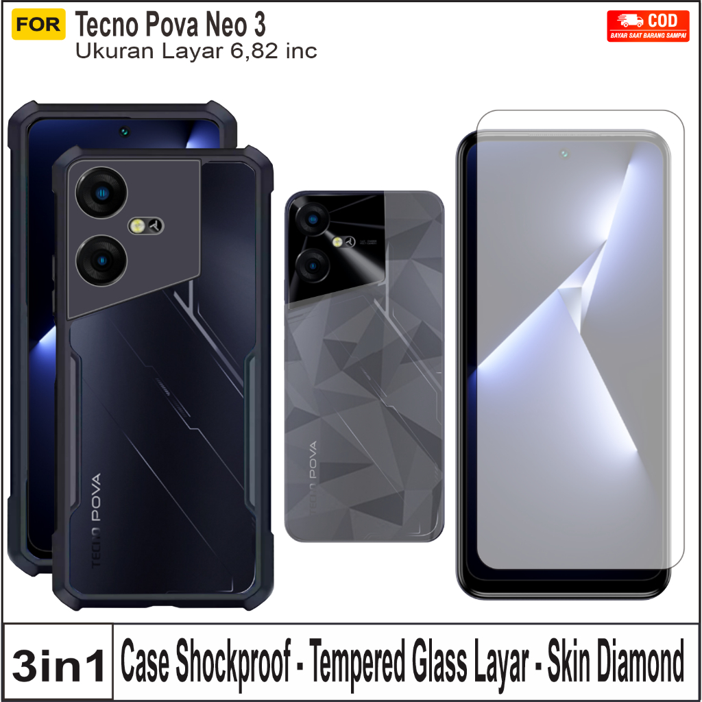 Jual Hard Case Tecno Pova Neo 3 Paket 3in1 Casing Armor Shockproof Free