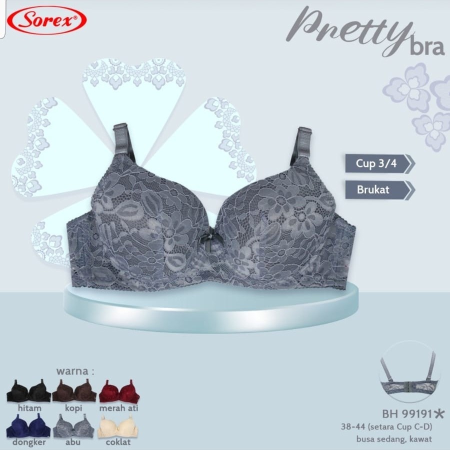 Jual BH BRA BRUKAT SOREX PRETTY 99191 BUSA KAWAT 38 40 42 44 C D Tali