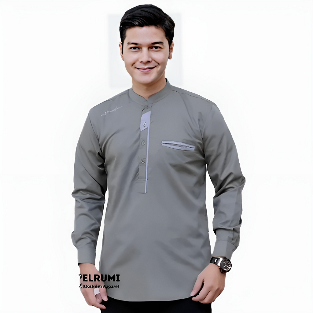 Jual Baju Koko Pria Lengan Panjang Polos Motif Abidzar Warna Sage