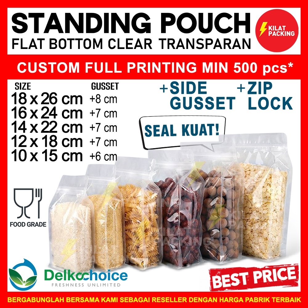 Jual Standing Pouch Flat Bottom Ziplock Clear Transparan Plastik Klip