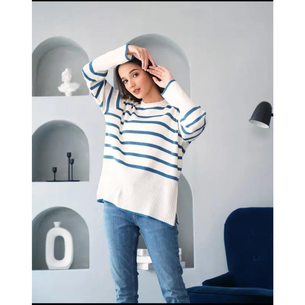 Jual Haru Knit Sweater Baju Garis Garis Rajut Kerah Kemeja Crop