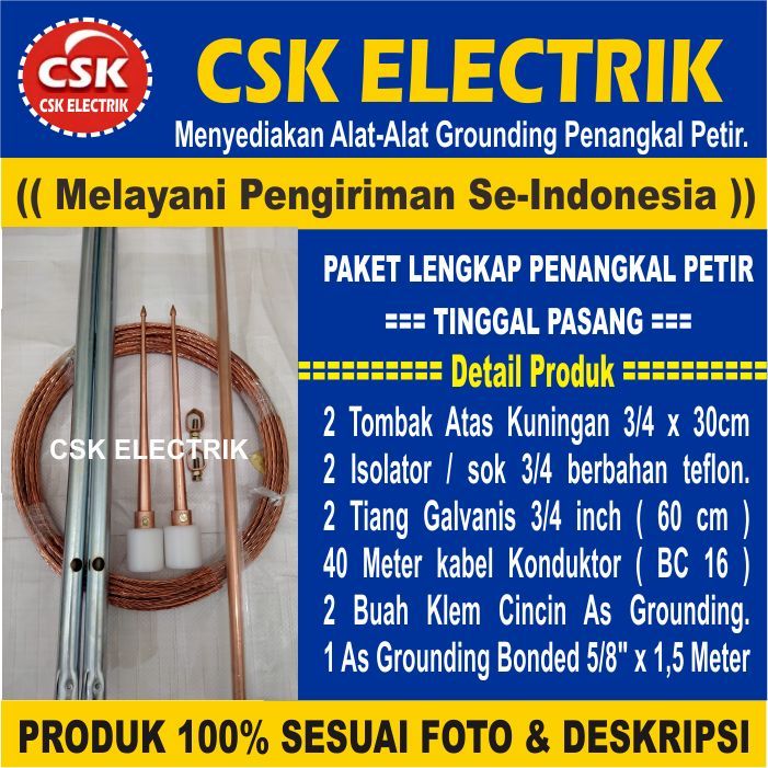 Jual Penangkal Petir 2 Tombak Atas 40 Meter Kabel BC 16 Anti Petir