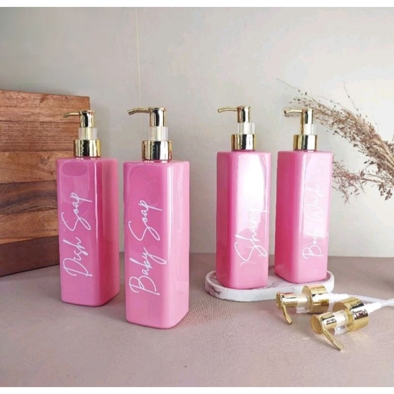 Jual BOTOL SABUN AESTHETIC 500ML KOTAK PINK TUTUP PUMP LUXURY GOLD