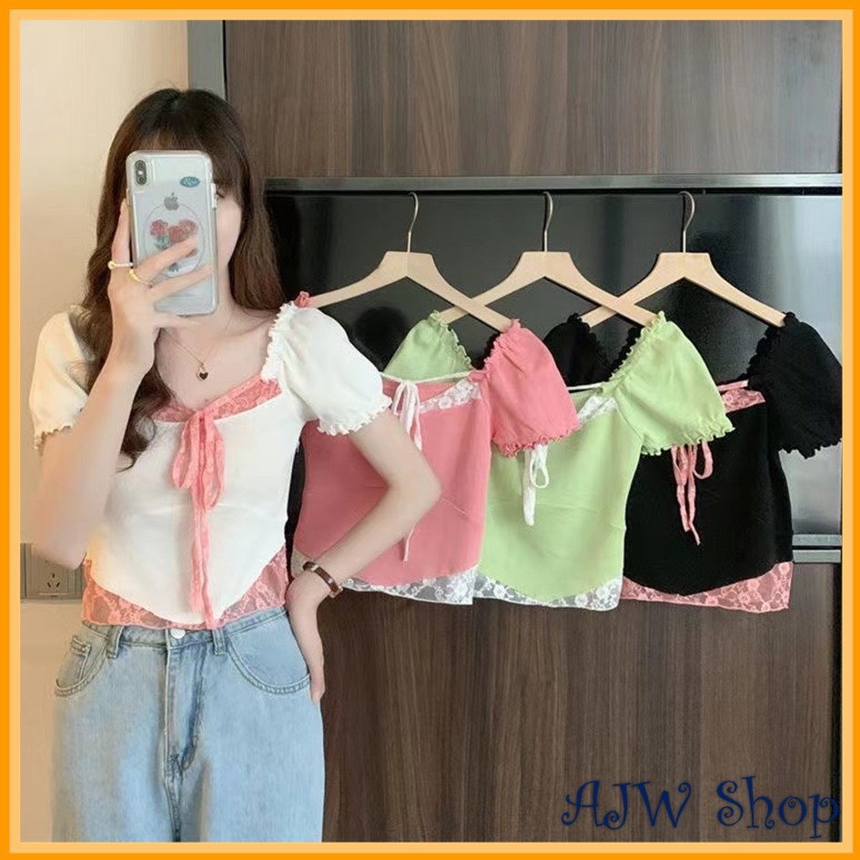 Jual AJW Baju Wanita Crop Knit Lengan Pendek Renda HBR Atasan Wanita