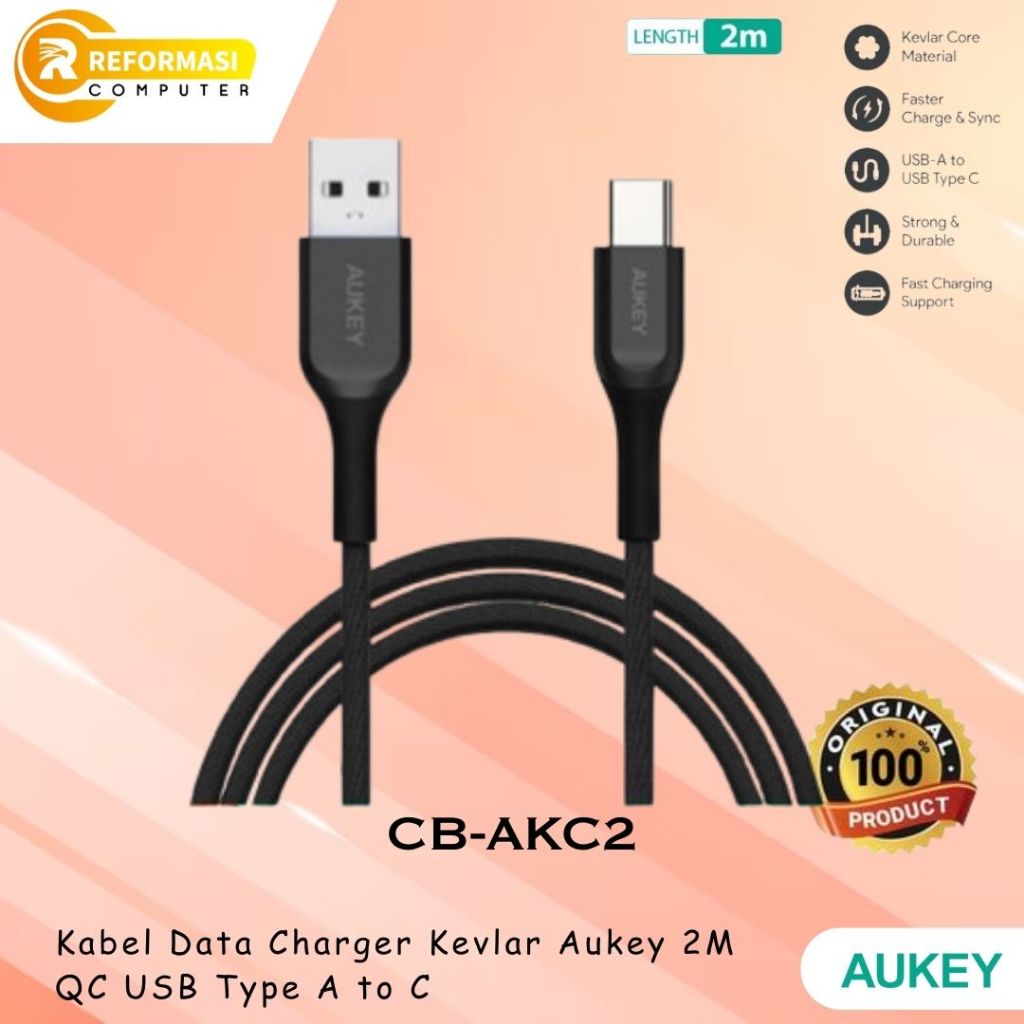 Jual Kabel Data Charger Kevlar Aukey 2M QC USB Type A To C CB AKC2