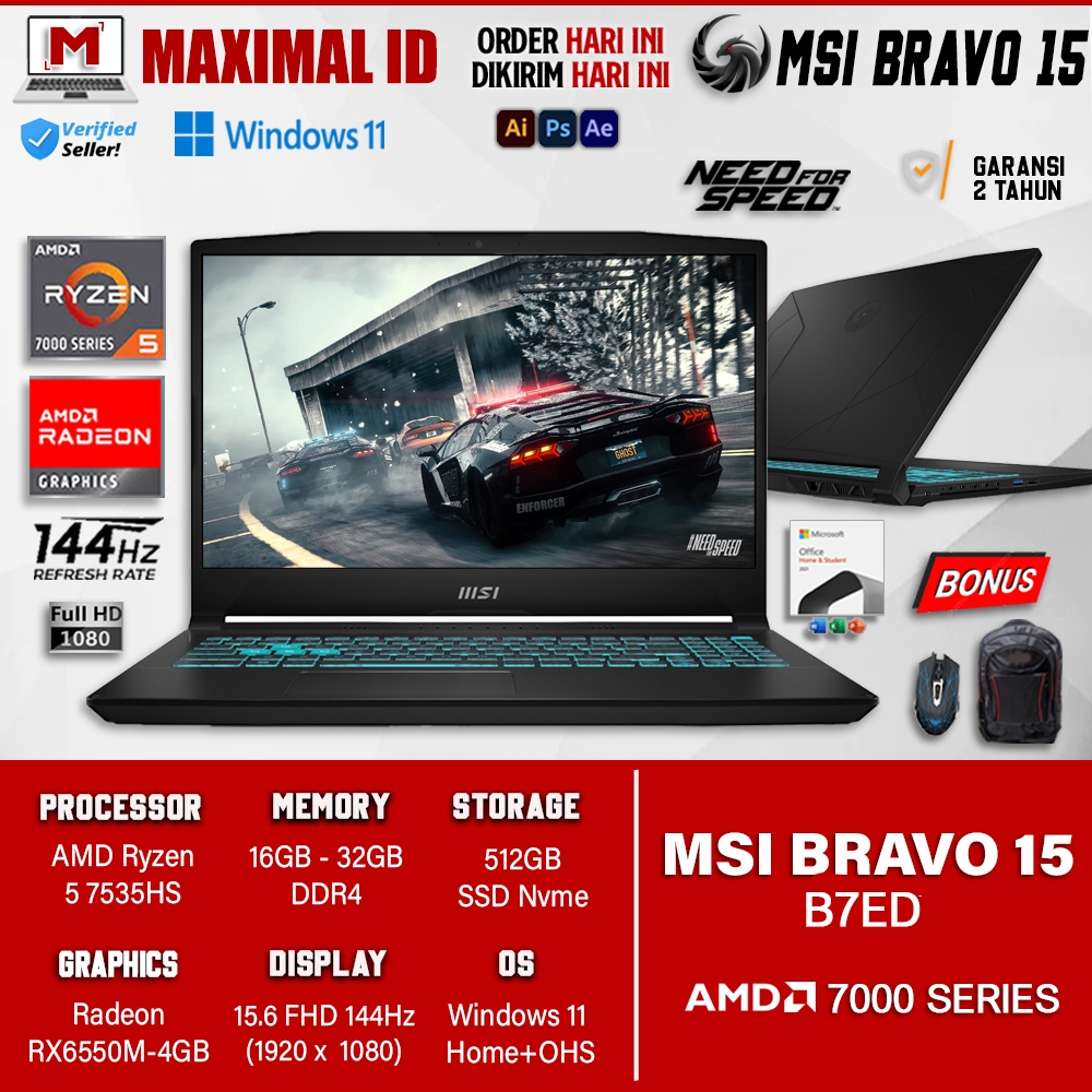 Jual Laptop Gaming MSI BRAVO 15 B7ED AMD Ryzen 5 7535HS 16GB DDR5 512GB