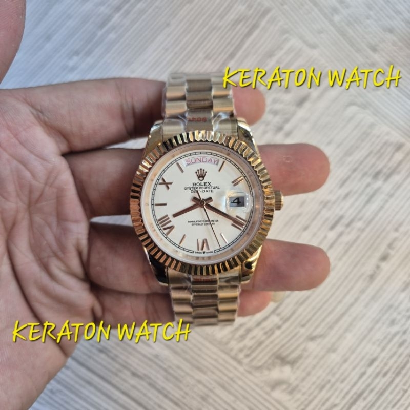 Jual Keraton Jam Tangan Pria Rolex Daydate Romawi Rose Gold White Dial