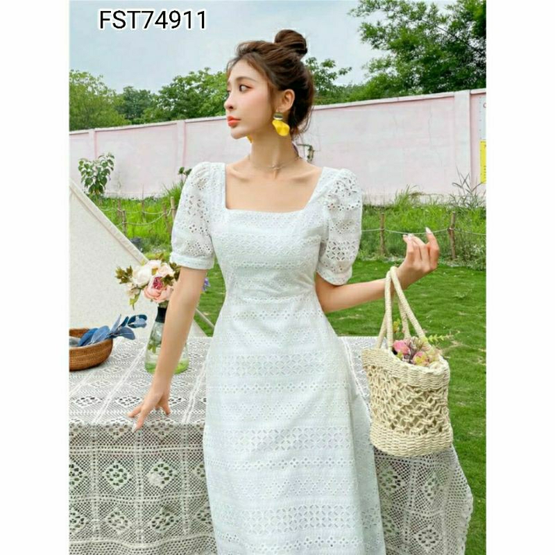 Jual Mos Eyelet Square Neck Dress FST74911 Elegant A Line Midi Dress