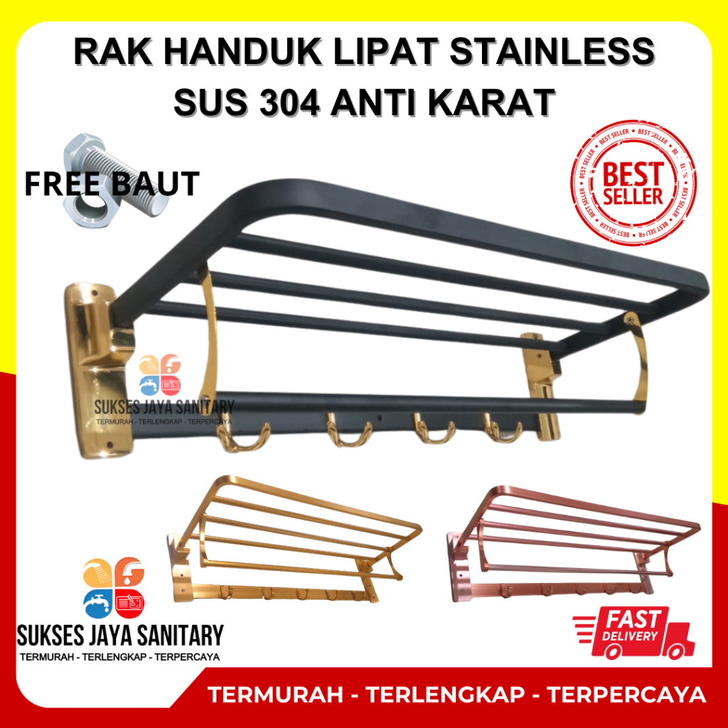 Jual Rak Handuk 5 Baris Lipat Black Gold Rose Gold Full Stainless