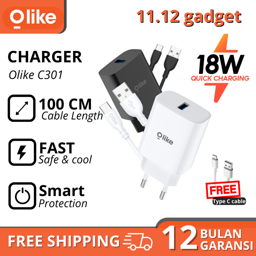 Jual Olike Charger Set W Usb Adapter Fast Charging Free Kabel Type C