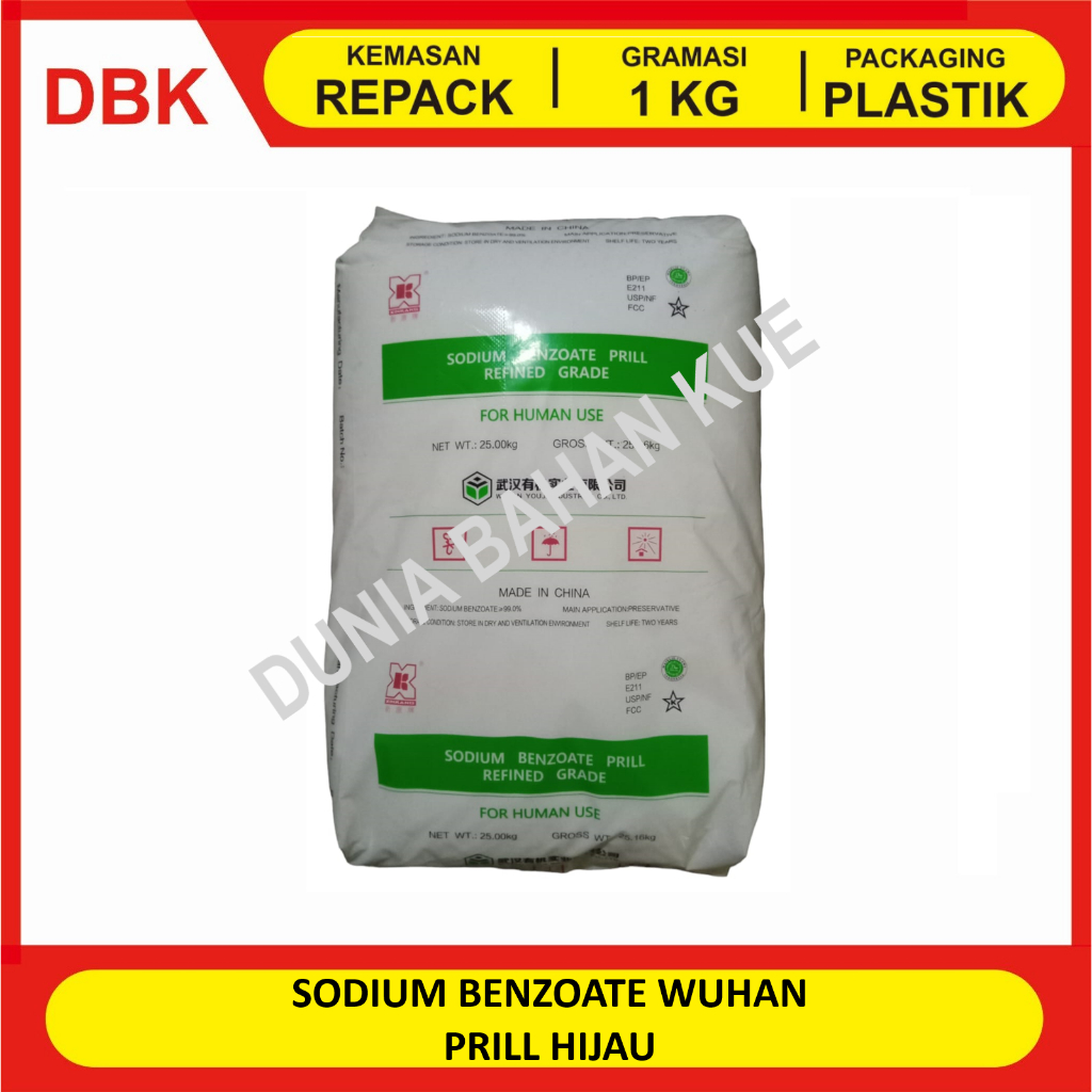 Jual SODIUM BENZOATE WUHAN PRILL HIJAU REPACK 1 KG SODIUM BENZOAT