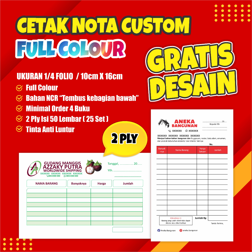 Jual Cetak Nota Custom Full Colour Ply Ukuran Cetak Nota Nama