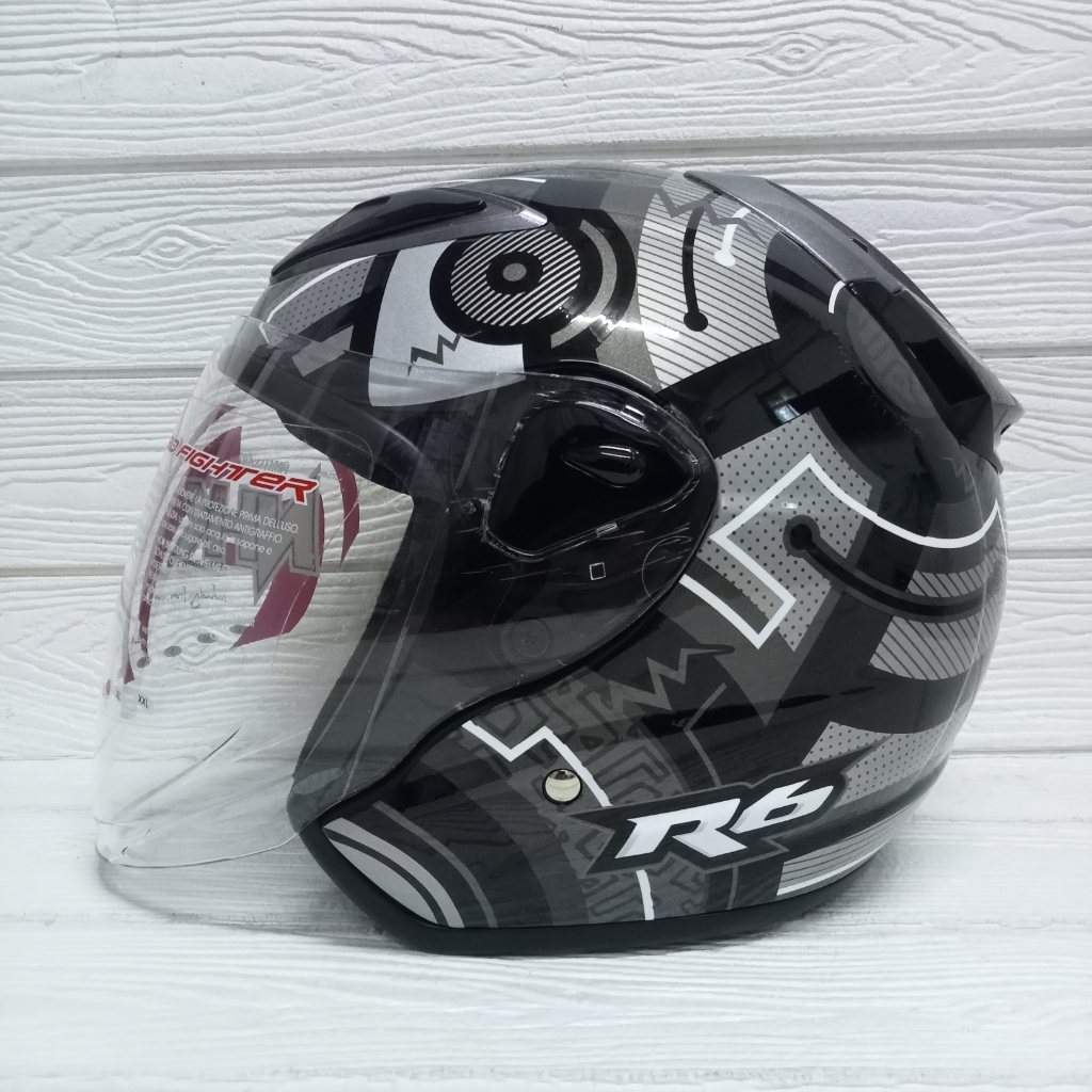 Jual HELM NHK R6 BLOCK BLACK SILVER GLOSY HALF FACE MOTIF R 6 R 6