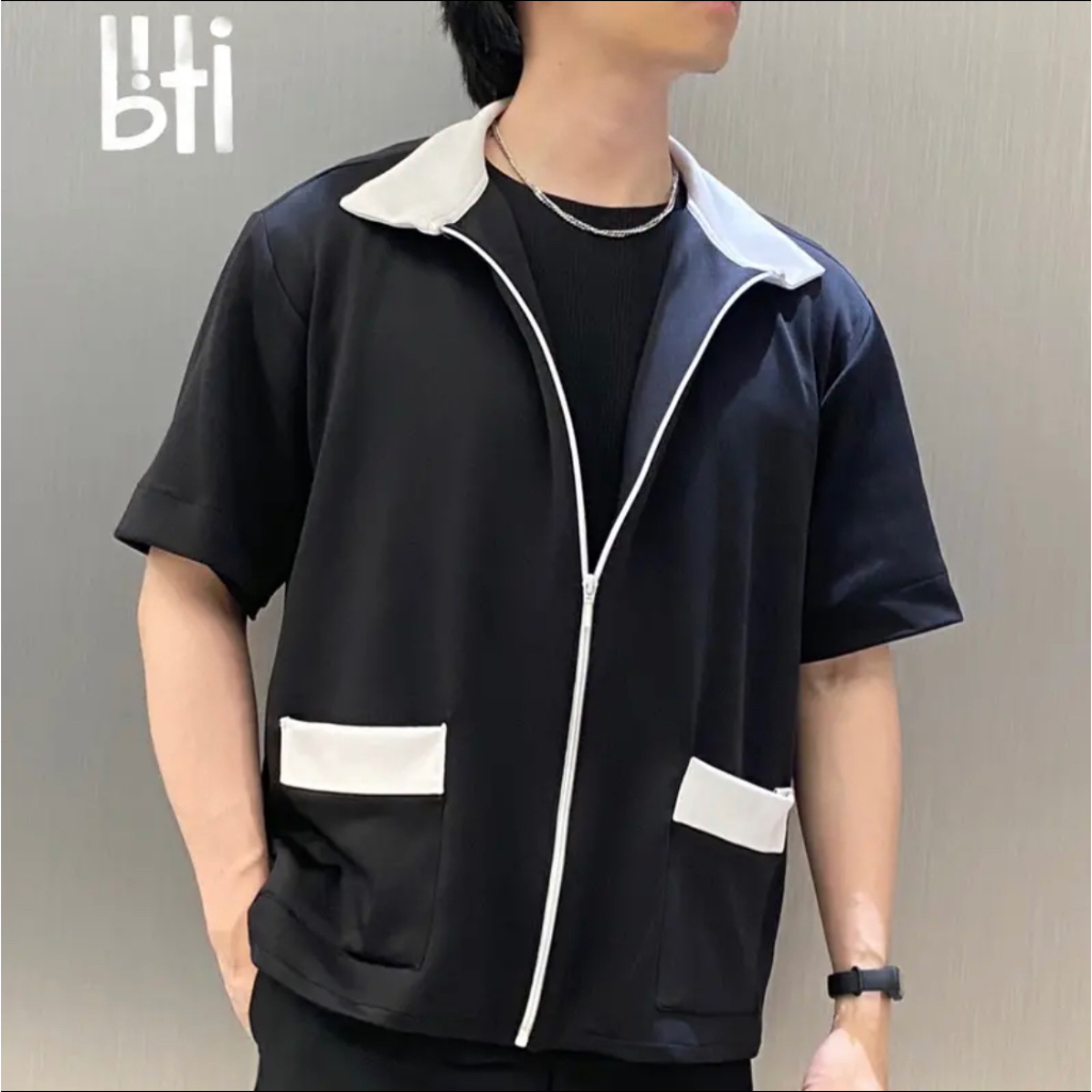 Jual Biti Zip Korean Timeless Jacket Semi Kemeja Scuba Hitam Putih