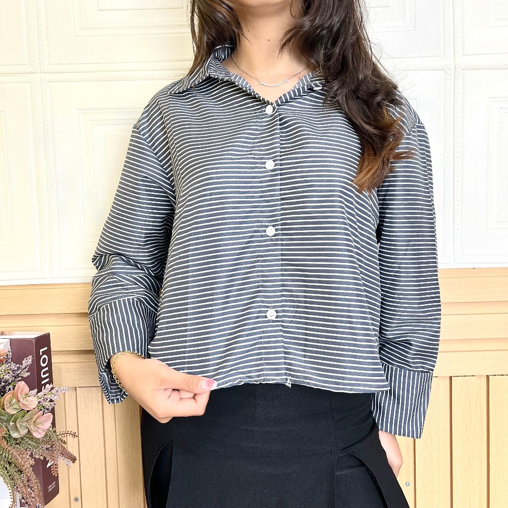 Jual Ziggy Top Stripe Shirt Kemeja Salur Garis Oversized Crop