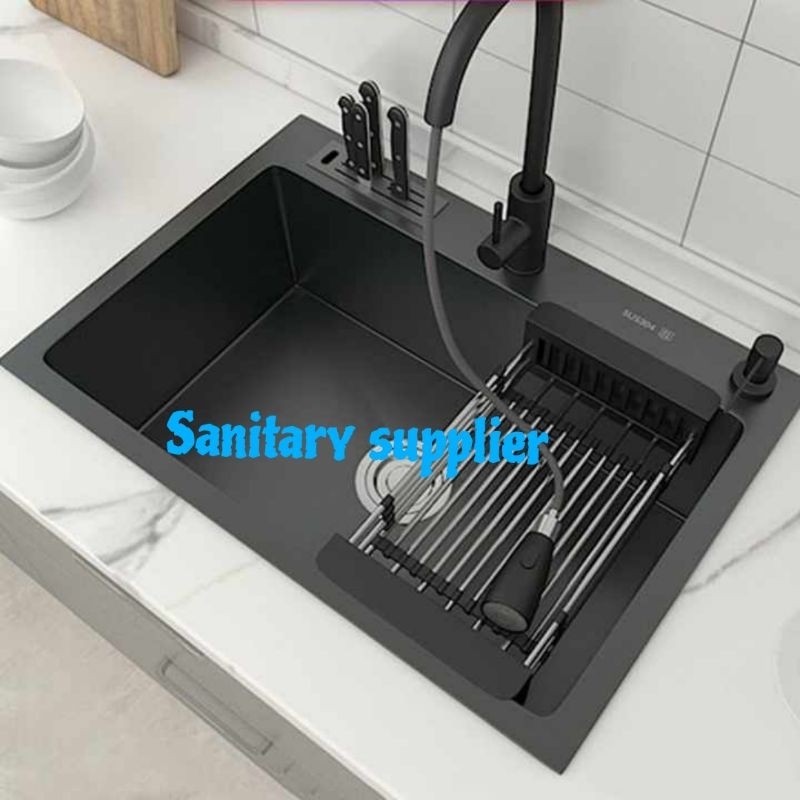 Jual Kitchen Sink Ichsan Black Fullset Lengkap Kran Tarik Kran