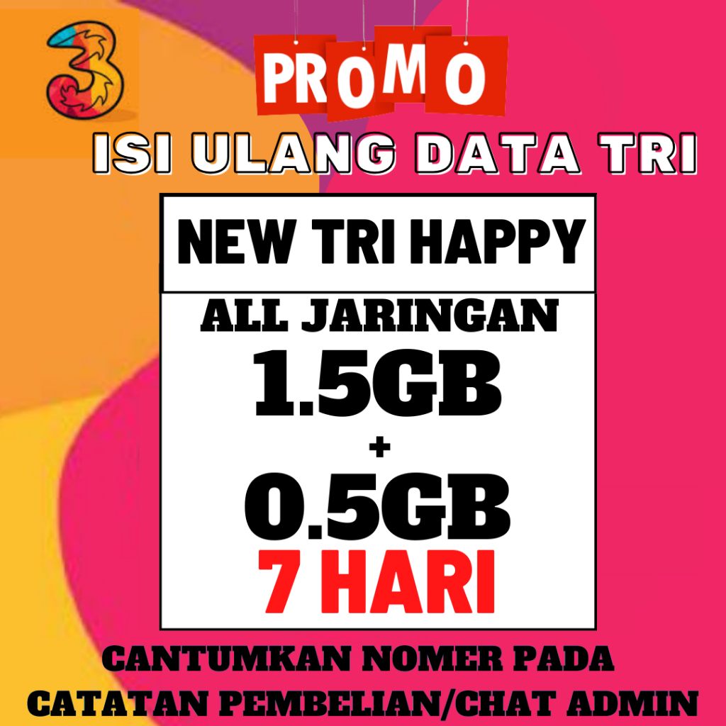 Jual KUOTA TRI MURAH HAPPY HARIAN 1 GB 2 GB 3 GB 3 D 3 5 GB 3 GB 7