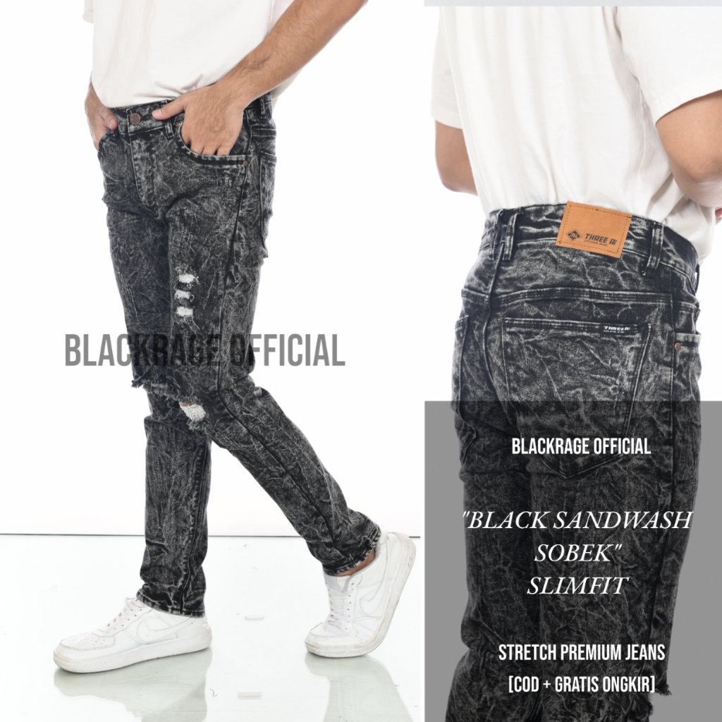 Jual Celana Jeans Sobek Pria Ripped Destro Premium Hitam Snow Black