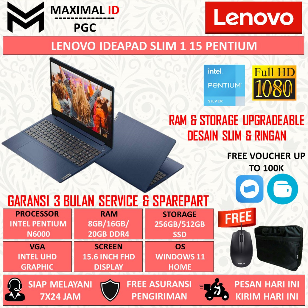 Jual LAPTOP SLIM LENOVO IDEAPAD 1 INTEL PENTIUM N6000 RAM 8GB 512GB SSD