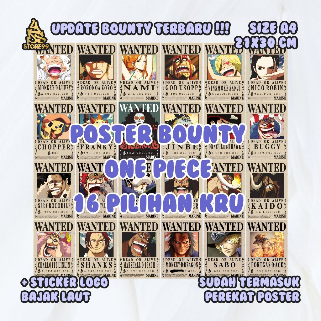 Jual 10PCS A4 Poster Bounty One Piece ALL KRU 16 PILIHAN TERLARIS