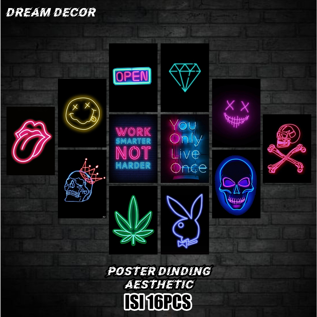 Jual Poster Dinding Kamar Neon Aesthetic DD06 Ukuran A4 A5 A6 Isi 16