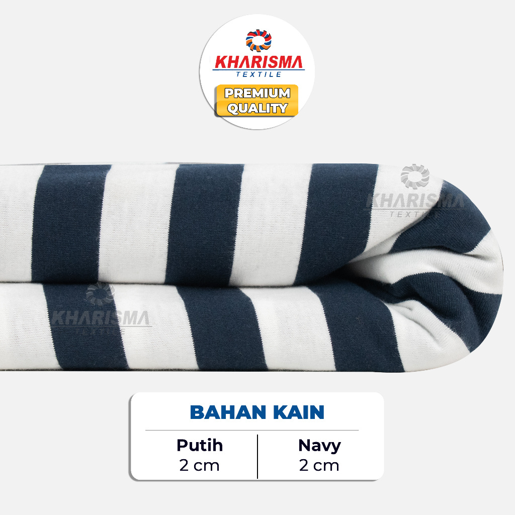 Jual Bahan Kaos Kain CVC 30s Salur Besar 2Cm Motif Putih NAvy