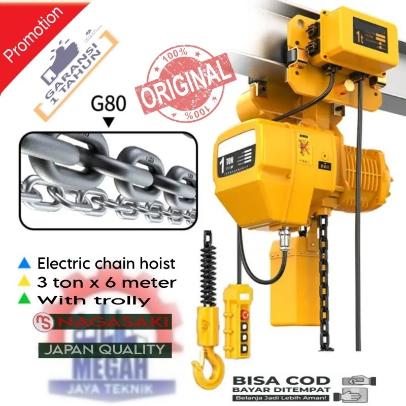 Jual Electric Chain Hoist Ples Crane 3 Ton X 6 Meter 380v 3 Phase