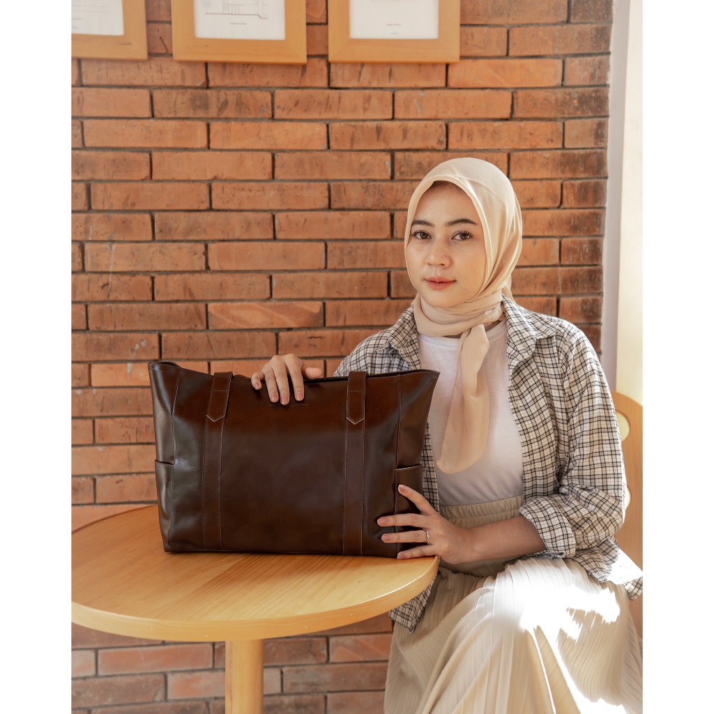 Jual Kenes Leather Tote Bag Wanita Tas Selempang Kulit Asli Aurantie