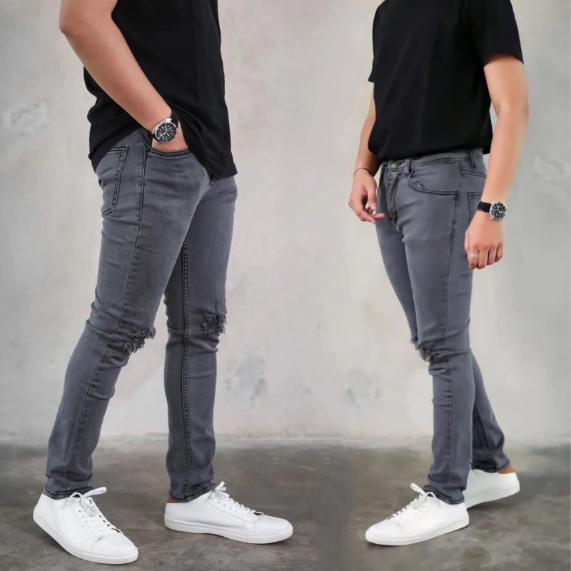 Jual Celana Jeans Pria Sobek Lutut Ripped Robek Abu Grey Slimfit Soft