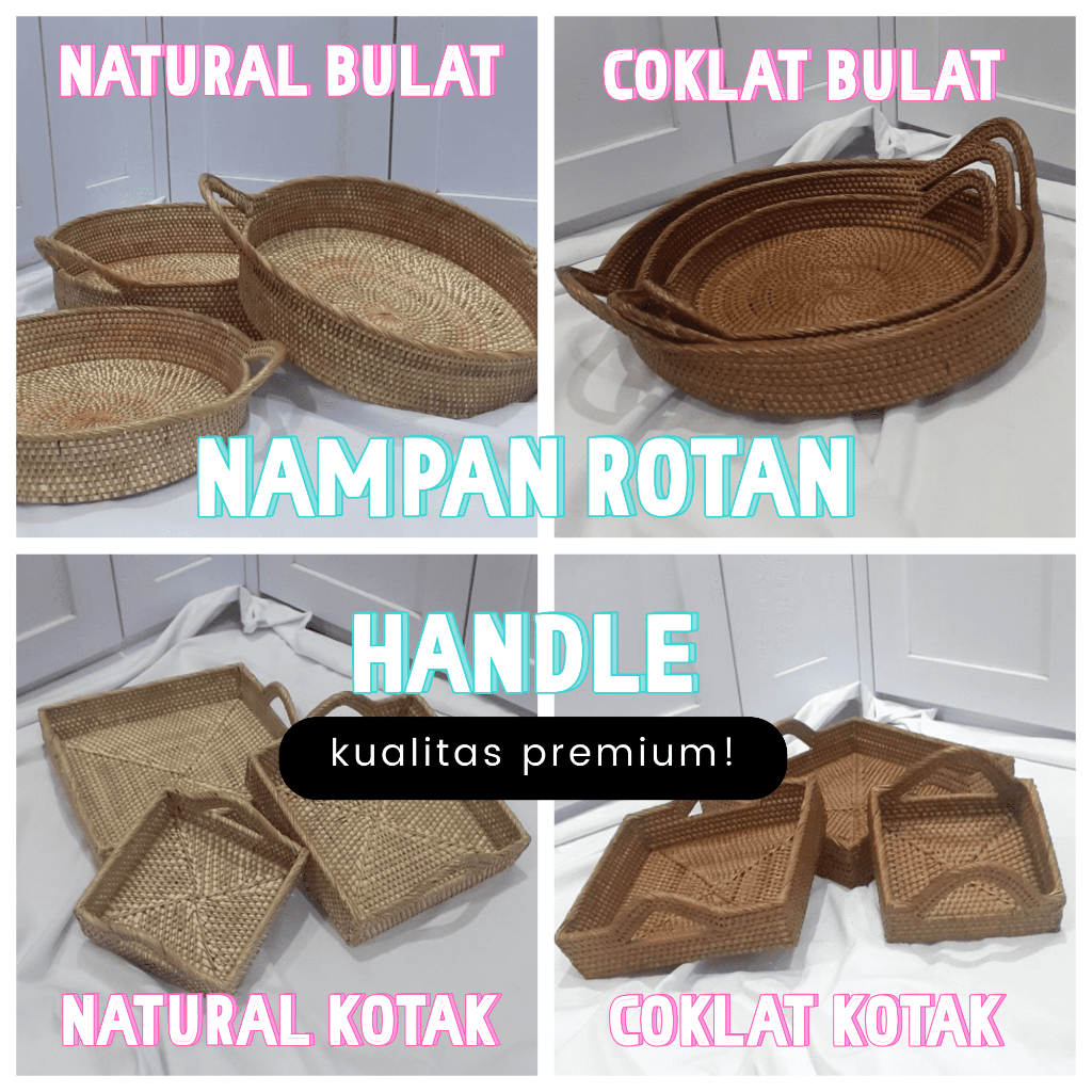 Jual Nampan Rotan Handle Perahu Kotak Bulat Handmade Lombok Rattan Tray