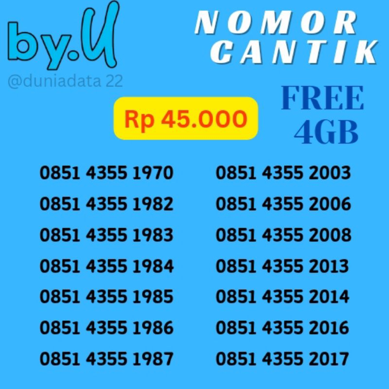 Jual KARTU PERDANA NOMOR CANTIK BYU TELKOMSEL NOCAN FREE KUOTA 7GB