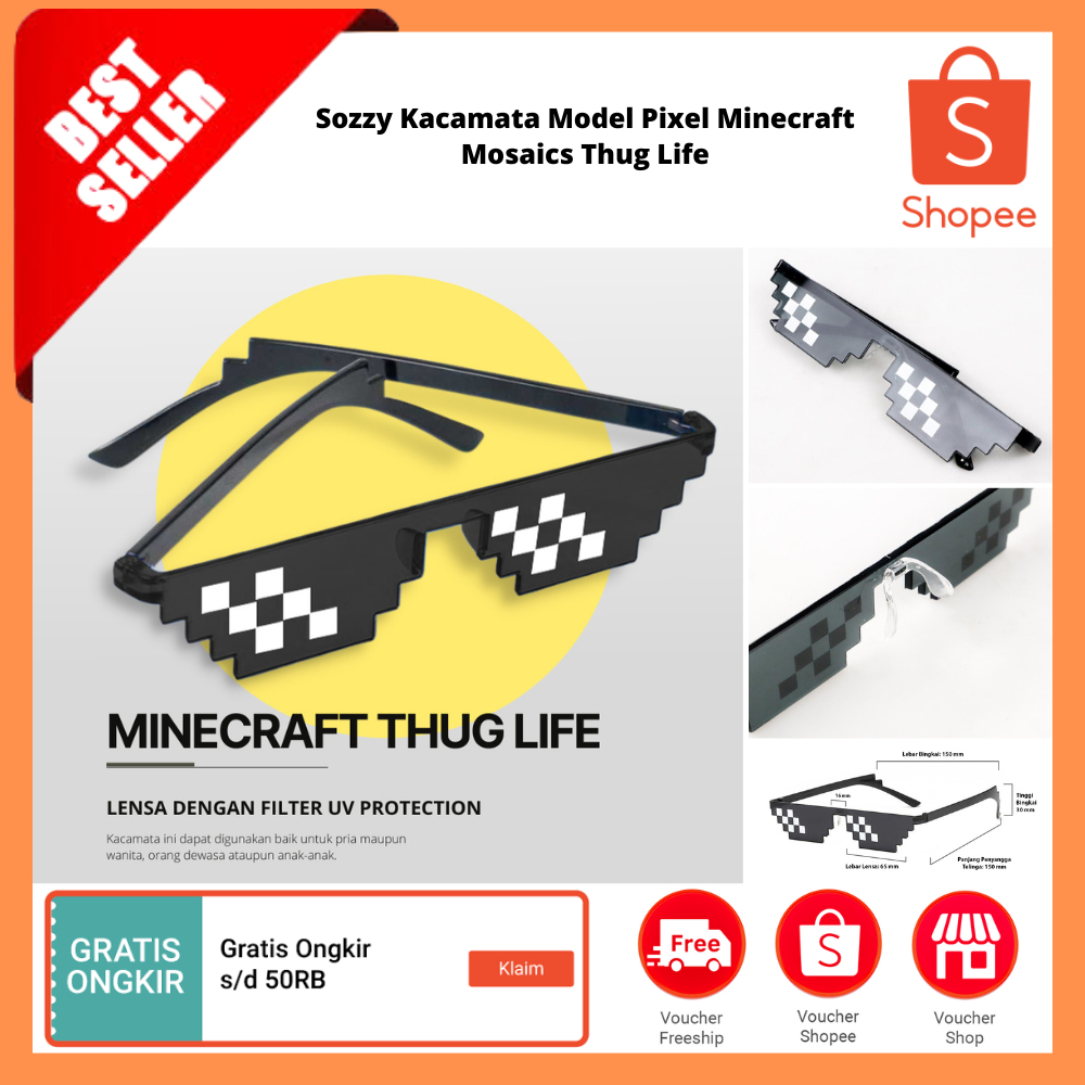 Jual Kacamata Model Pixel Minecraft Mosaics Thug Life Kacamata Hitam