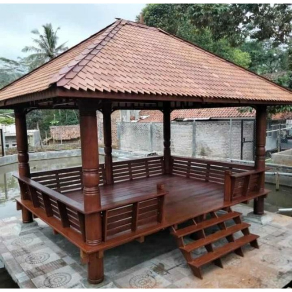 Jual Saung Kayu Kelapa Gazebo Ukuran Besar Model Tiang Motif Atap