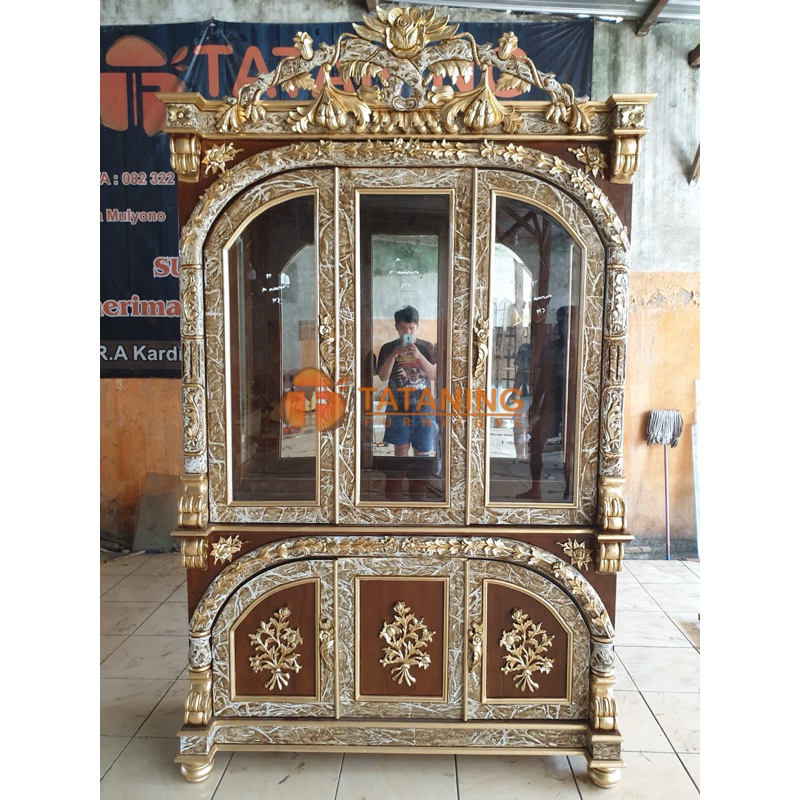 Jual BUFET TUMPUK MANOHARA KAYU JATI KACA FINISHING CABINET RAK ALAMARI