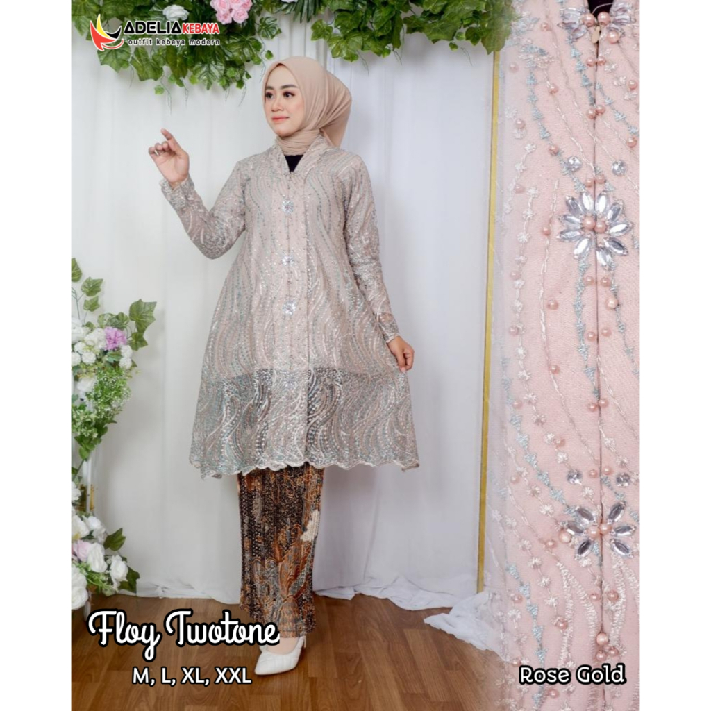 Jual Setelan Kebaya Tunik Floy Twotone Berbahan Tulle Bordir Dengan