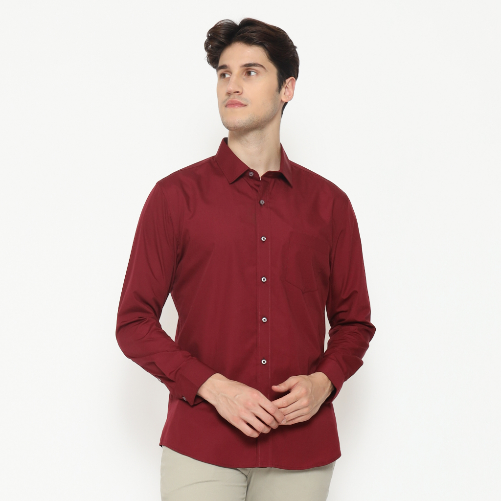 Jual MAGINOT Kemeja Pria Basic Polos Panjang MAROON Shopee Indonesia