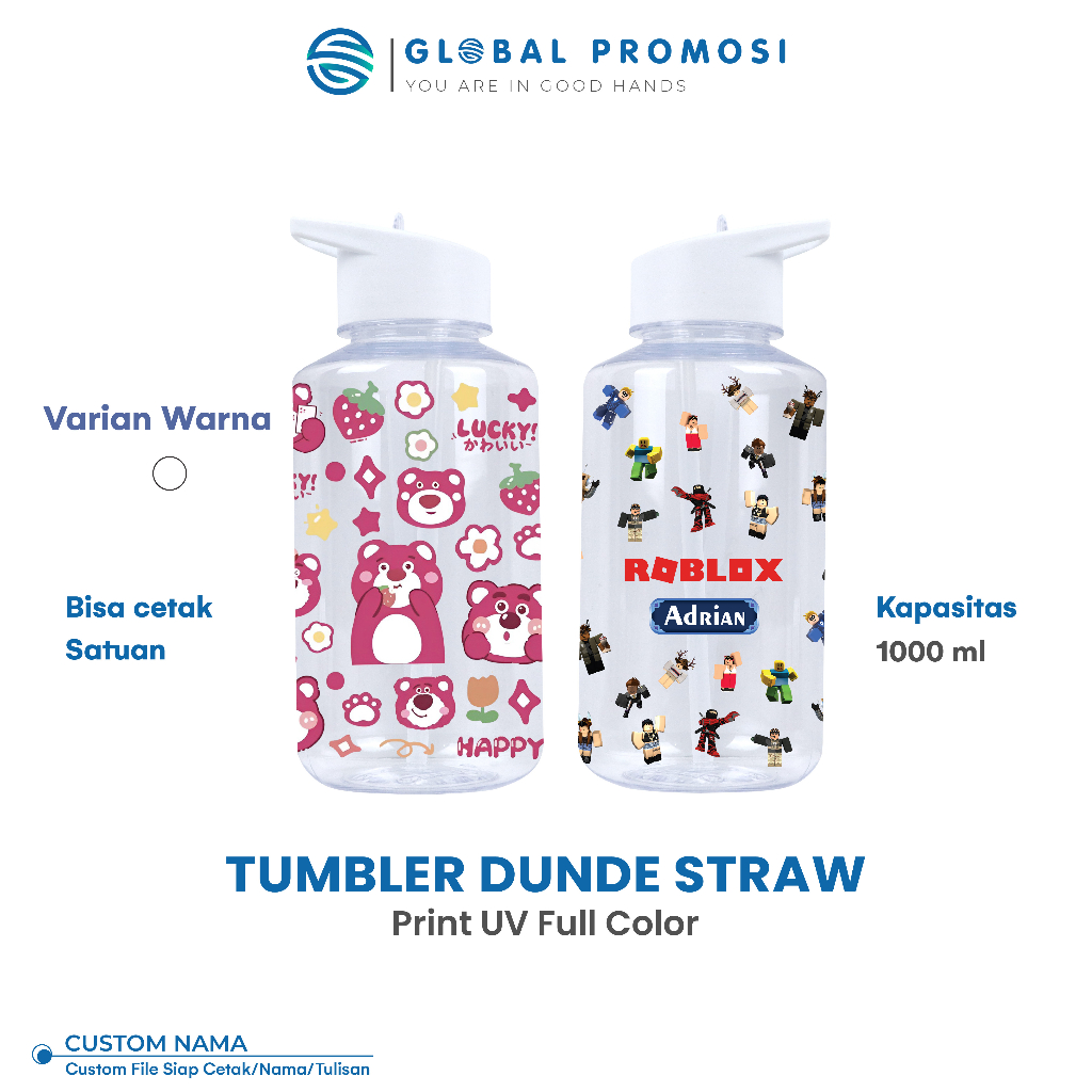 Jual Cetak Botol Minum Tumbler Dundee Straw Sedotan Plastik Liter